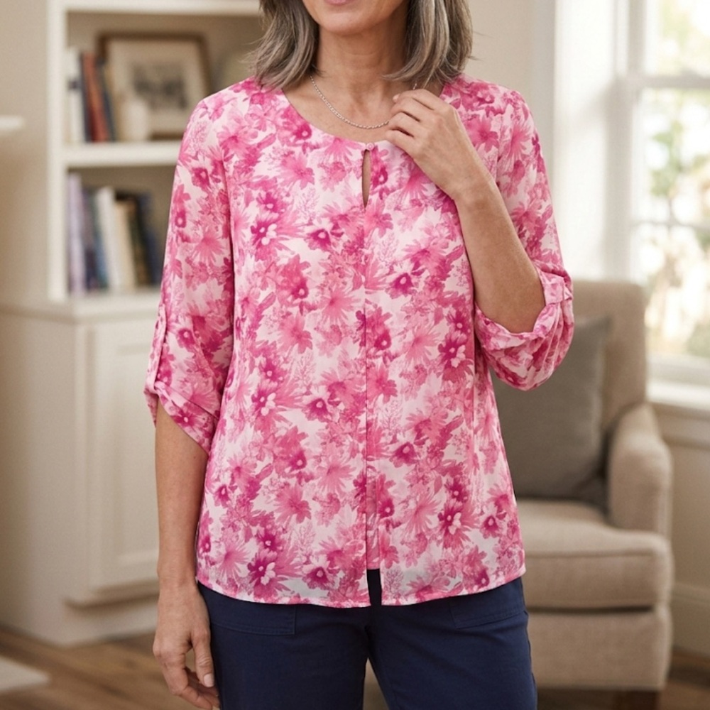 CHICO'S Size 2 US 12 Pink Floral Blouse
